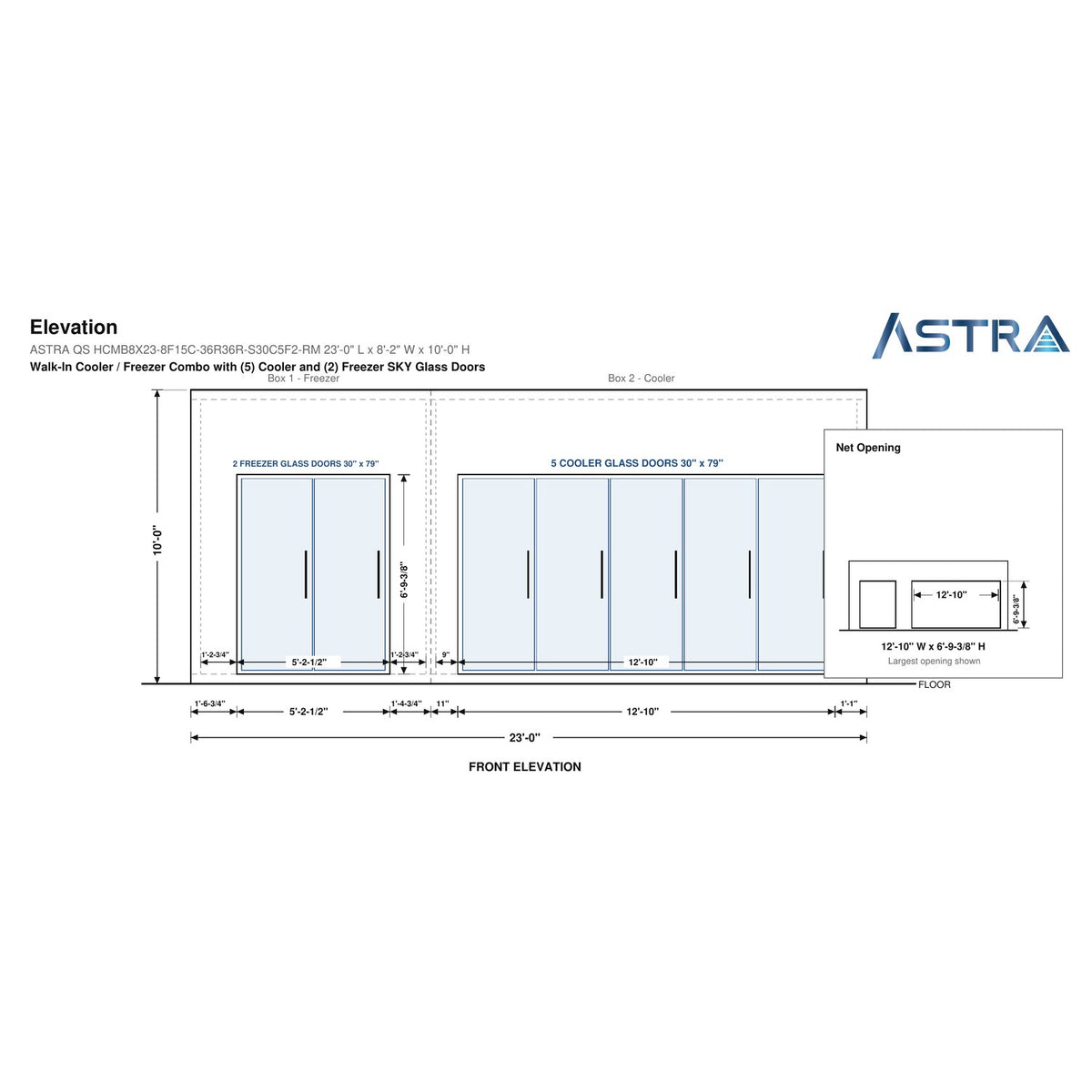 Astra HCMB8X23-8F15C-S30C5F2-RM 8' x 23' Walk-In Freezer/Cooler Combo with Floor, 2 Freezer + 5 Cooler Glass Doors, front elevation drawing with glass door net opening