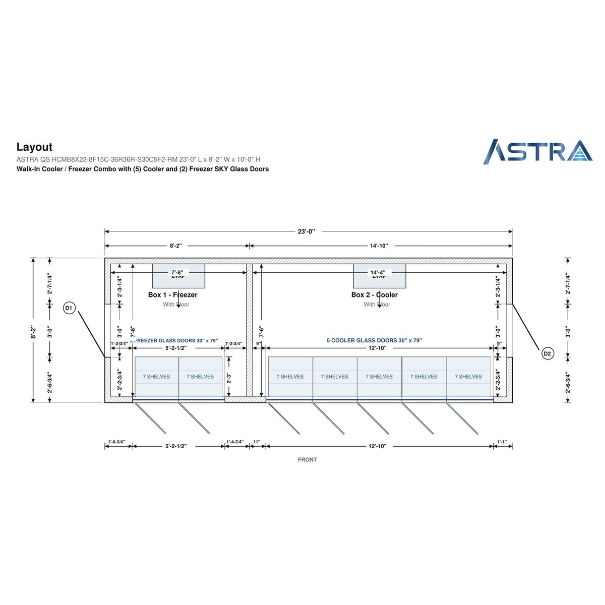 Astra HCMB8X23-8F15C-S30C5F2-RM 8' x 23' Walk-In Freezer/Cooler Combo with Floor, 2 Freezer + 5 Cooler Glass Doors, floor plan layout drawing with glass door shelving