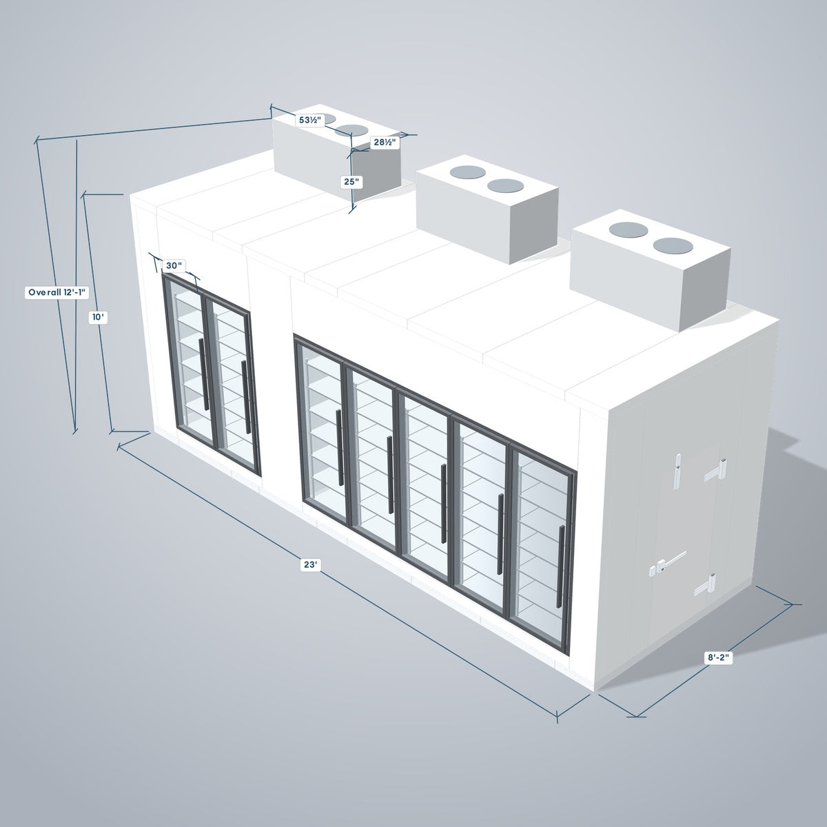 Astra HCMB8X23-8F15C-S30C5F2-TM 8' x 23' Walk-In Freezer/Cooler Combo with Floor, 2 Freezer + 5 Cooler Glass Doors, 3D view with outside dimensions