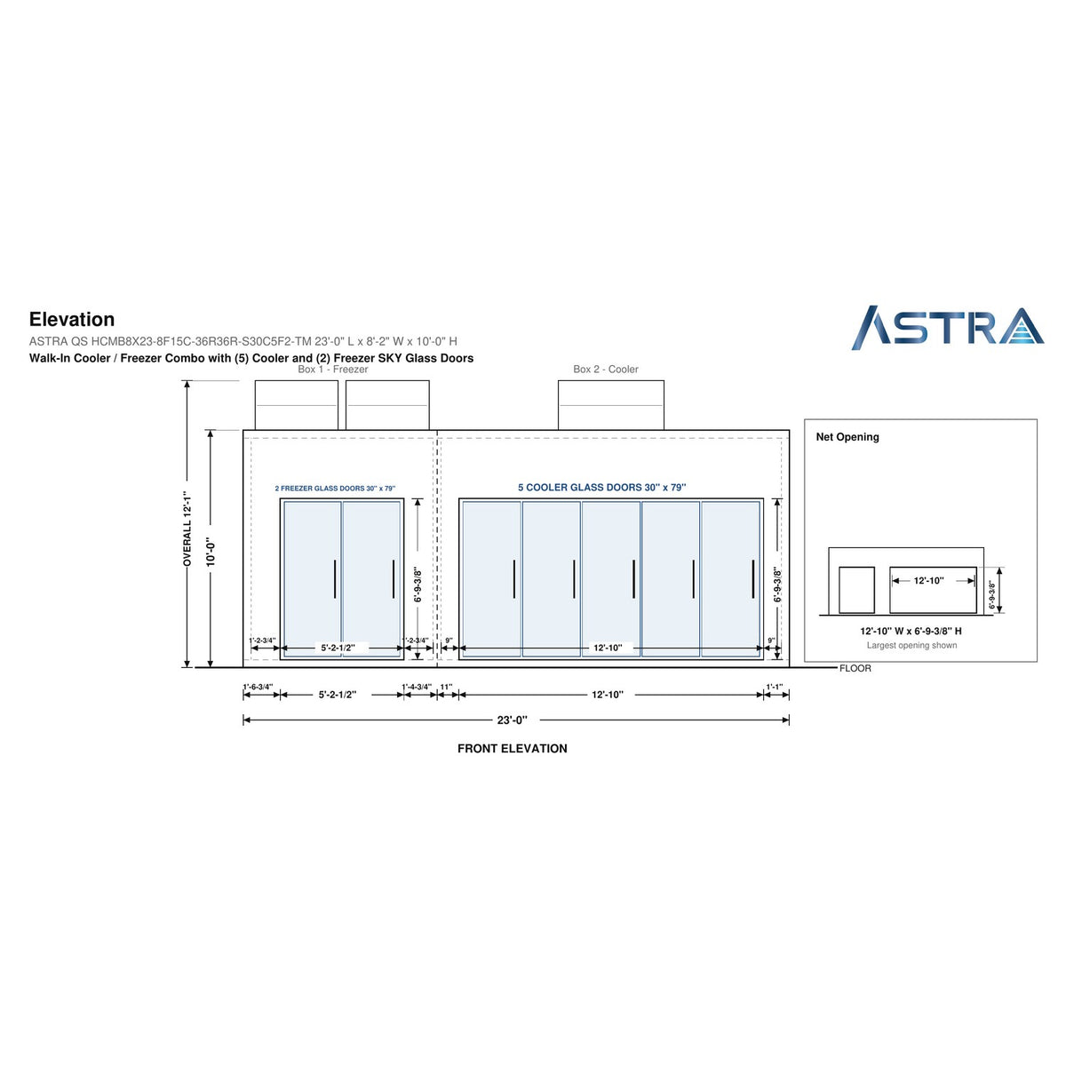 Astra HCMB8X23-8F15C-S30C5F2-TM 8' x 23' Walk-In Freezer/Cooler Combo with Floor, 2 Freezer + 5 Cooler Glass Doors, front elevation drawing with glass door net opening