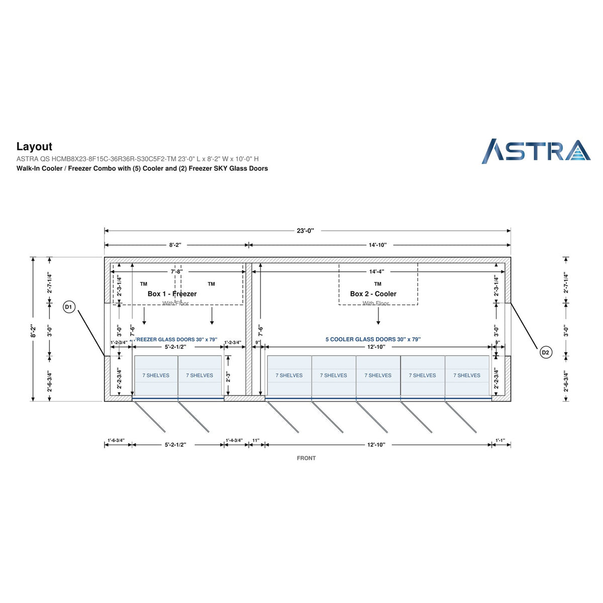 Astra HCMB8X23-8F15C-S30C5F2-TM 8' x 23' Walk-In Freezer/Cooler Combo with Floor, 2 Freezer + 5 Cooler Glass Doors, floor plan layout drawing with glass door shelving