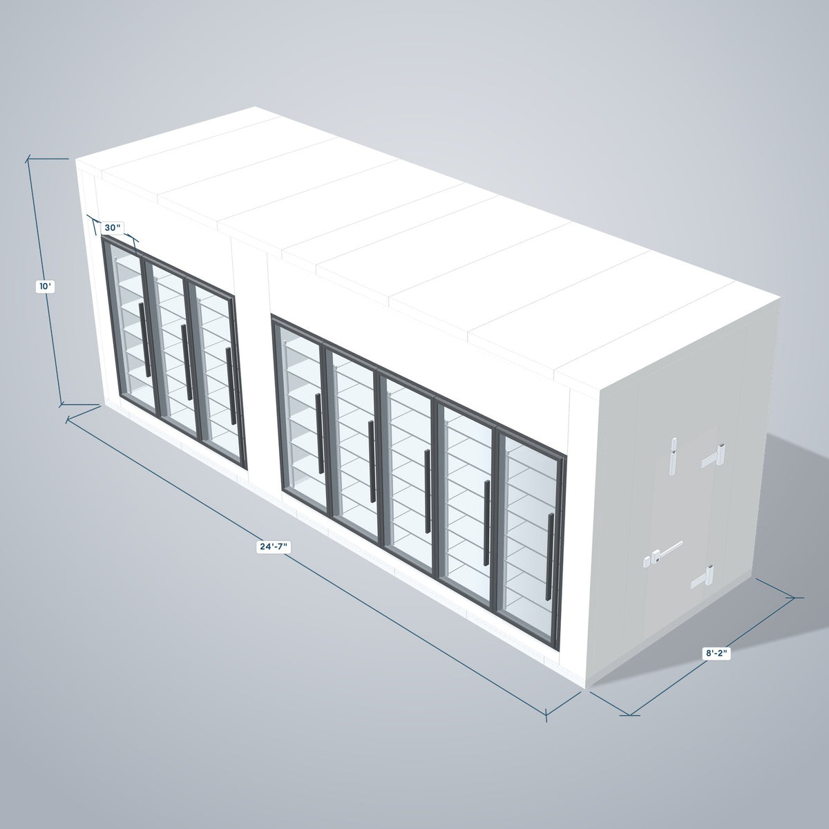 Astra HCMB8X25-10F15C-S30C5F3 8' x 25' Walk-In Freezer/Cooler Combo with Floor, 3 Freezer + 5 Cooler Glass Doors, 3D view with outside dimensions