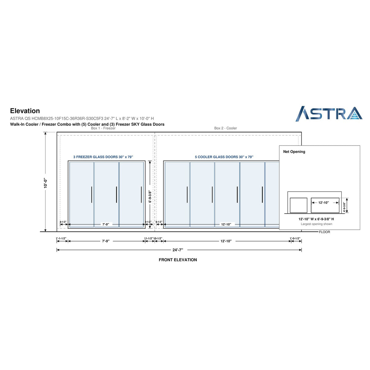 Astra HCMB8X25-10F15C-S30C5F3 8' x 25' Walk-In Freezer/Cooler Combo with Floor, 3 Freezer + 5 Cooler Glass Doors, front elevation drawing with glass door net opening