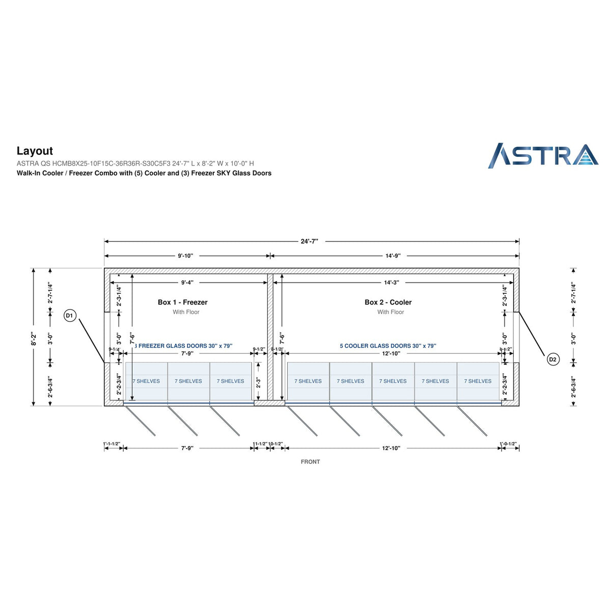 Astra HCMB8X25-10F15C-S30C5F3 8' x 25' Walk-In Freezer/Cooler Combo with Floor, 3 Freezer + 5 Cooler Glass Doors, floor plan layout drawing with glass door shelving