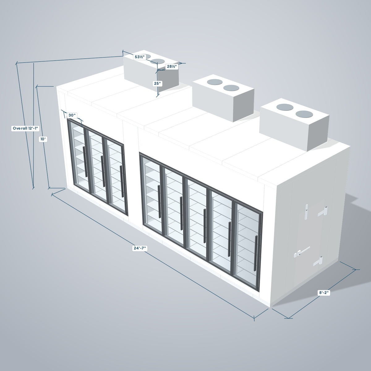 Astra HCMB8X25-10F15C-S30C5F3-TM 8' x 25' Walk-In Freezer/Cooler Combo with Floor, 3 Freezer + 5 Cooler Glass Doors, 3D view with outside dimensions