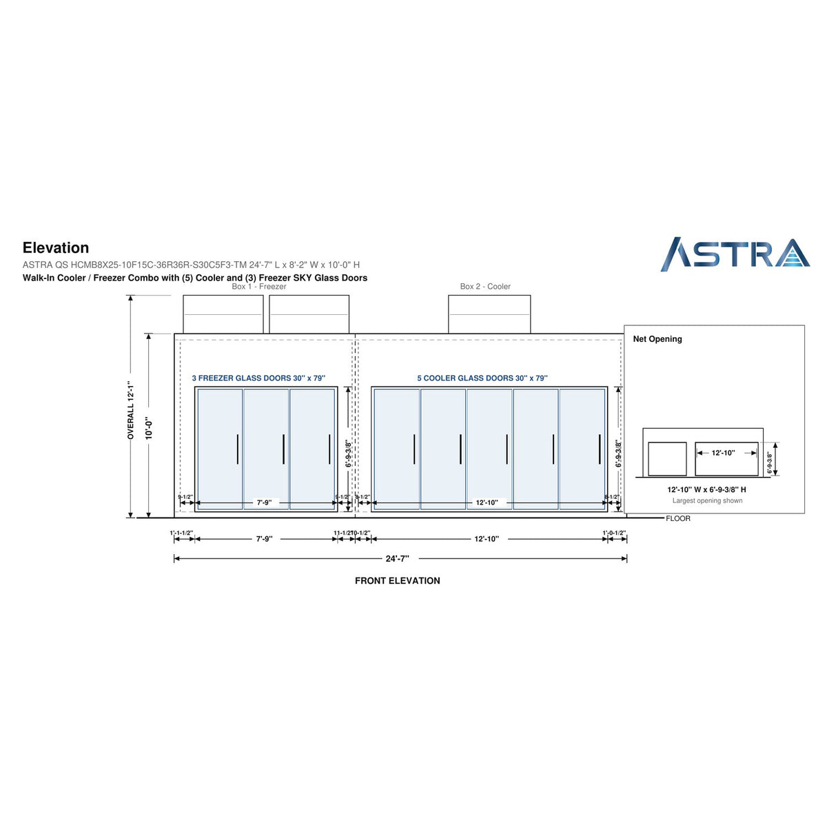 Astra HCMB8X25-10F15C-S30C5F3-TM 8' x 25' Walk-In Freezer/Cooler Combo with Floor, 3 Freezer + 5 Cooler Glass Doors, front elevation drawing with glass door net opening