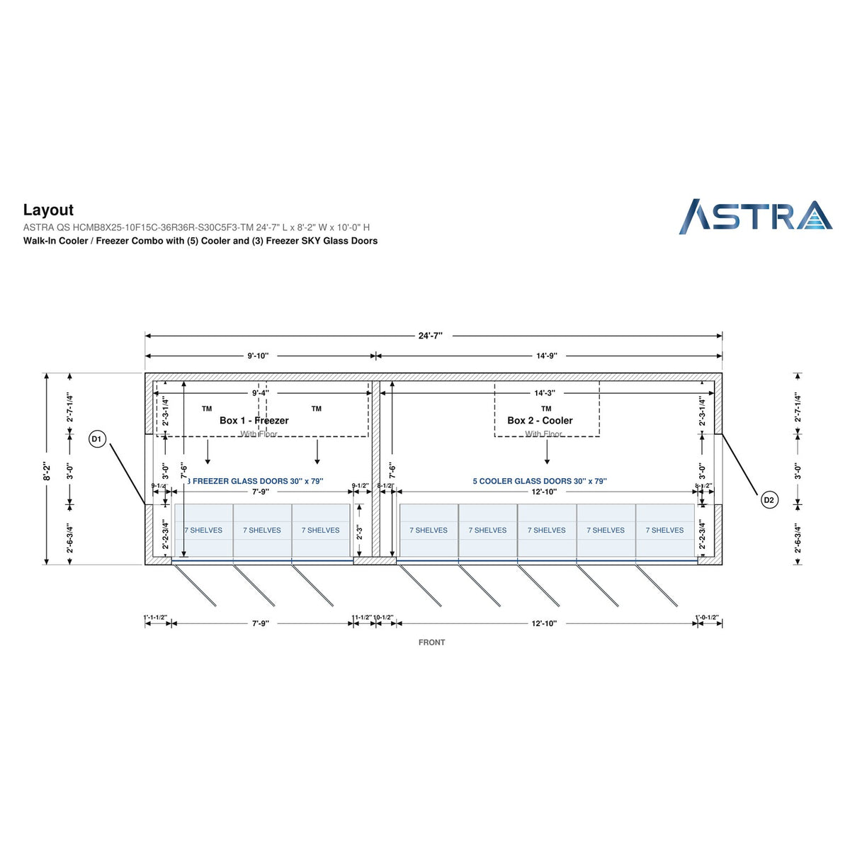 Astra HCMB8X25-10F15C-S30C5F3-TM 8' x 25' Walk-In Freezer/Cooler Combo with Floor, 3 Freezer + 5 Cooler Glass Doors, floor plan layout drawing with glass door shelving