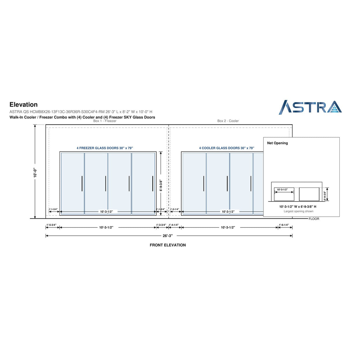 Astra HCMB8X26-13F13C-S30C4F4-RM 8' x 26' Walk-In Freezer/Cooler Combo with Floor, 4 Freezer + 4 Cooler Glass Doors, front elevation drawing with glass door net opening