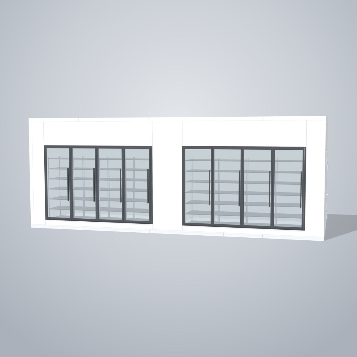 Astra HCMB8X26-13F13C-S30C4F4-RM 8' x 26' Walk-In Freezer/Cooler Combo with Floor, 4 Freezer + 4 Cooler Glass Doors, front 3D view of the glass door wall