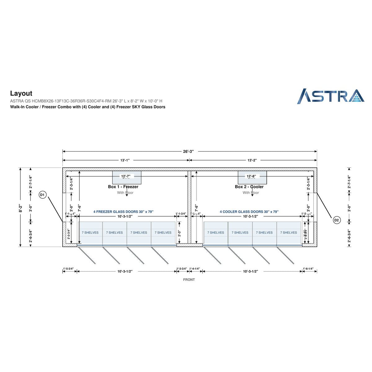 Astra HCMB8X26-13F13C-S30C4F4-RM 8' x 26' Walk-In Freezer/Cooler Combo with Floor, 4 Freezer + 4 Cooler Glass Doors, floor plan layout drawing with glass door shelving