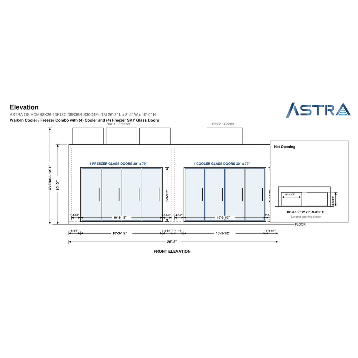 Astra HCMB8X26-13F13C-S30C4F4-TM 8' x 26' Walk-In Freezer/Cooler Combo with Floor, 4 Freezer + 4 Cooler Glass Doors, front elevation drawing with glass door net opening