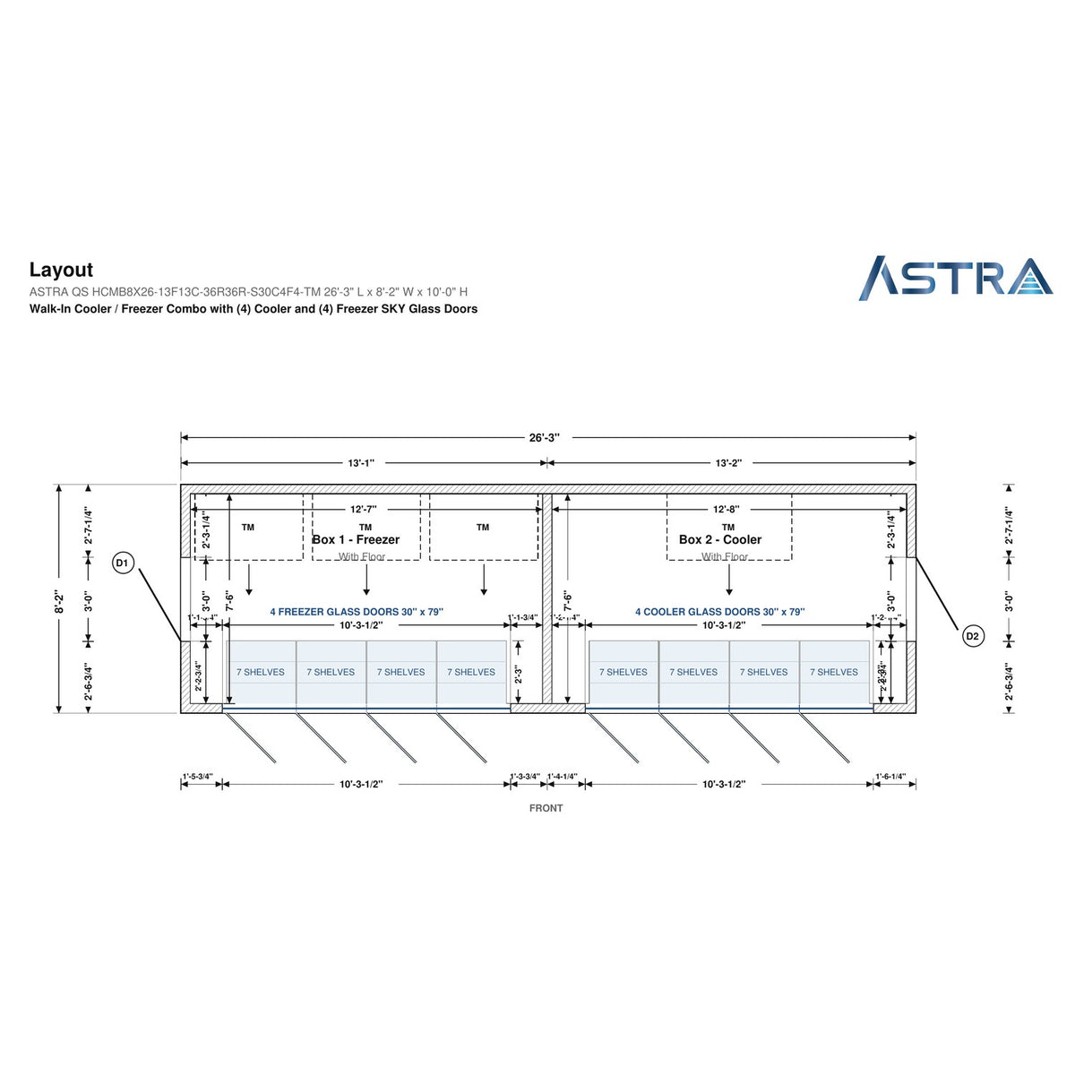Astra HCMB8X26-13F13C-S30C4F4-TM 8' x 26' Walk-In Freezer/Cooler Combo with Floor, 4 Freezer + 4 Cooler Glass Doors, floor plan layout drawing with glass door shelving