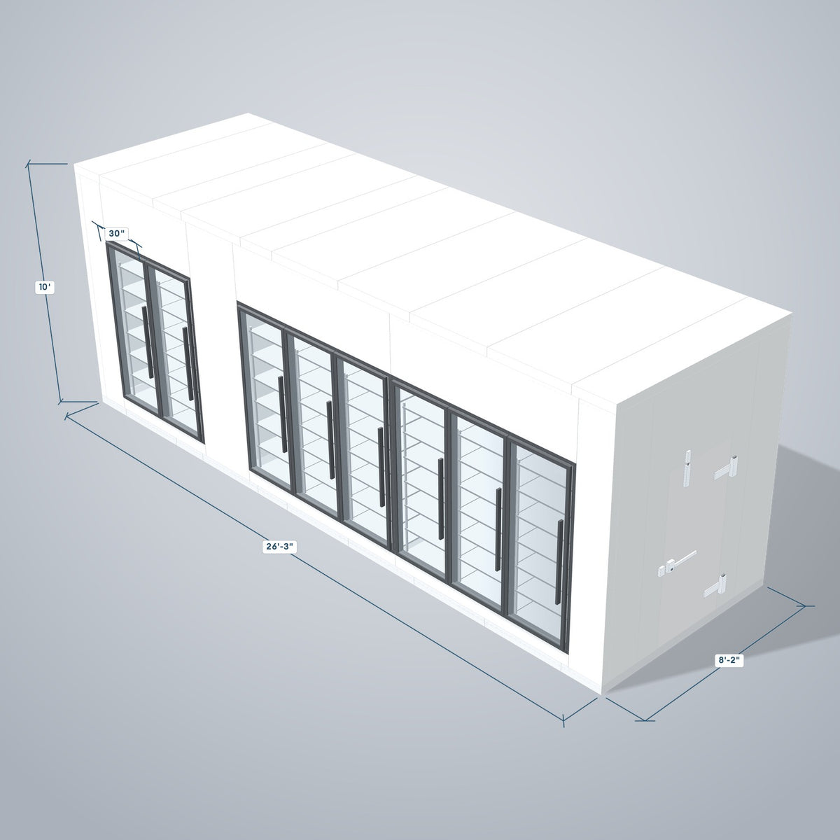 Astra HCMB8X26-8F18C-S30C6F2 8' x 26' Walk-In Freezer/Cooler Combo with Floor, 2 Freezer + 6 Cooler Glass Doors, 3D view with outside dimensions