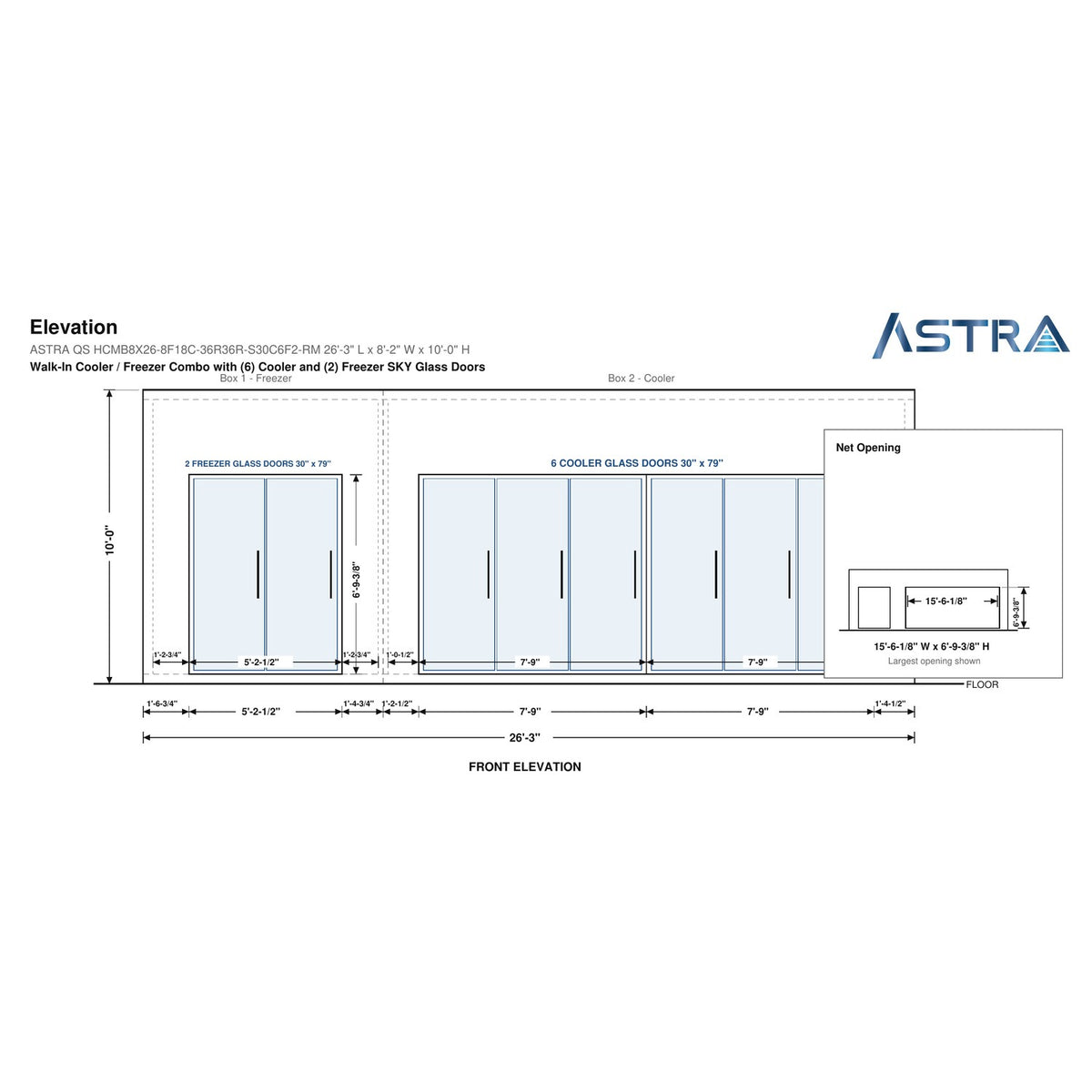 Astra HCMB8X26-8F18C-S30C6F2-RM 8' x 26' Walk-In Freezer/Cooler Combo with Floor, 2 Freezer + 6 Cooler Glass Doors, front elevation drawing with glass door net opening