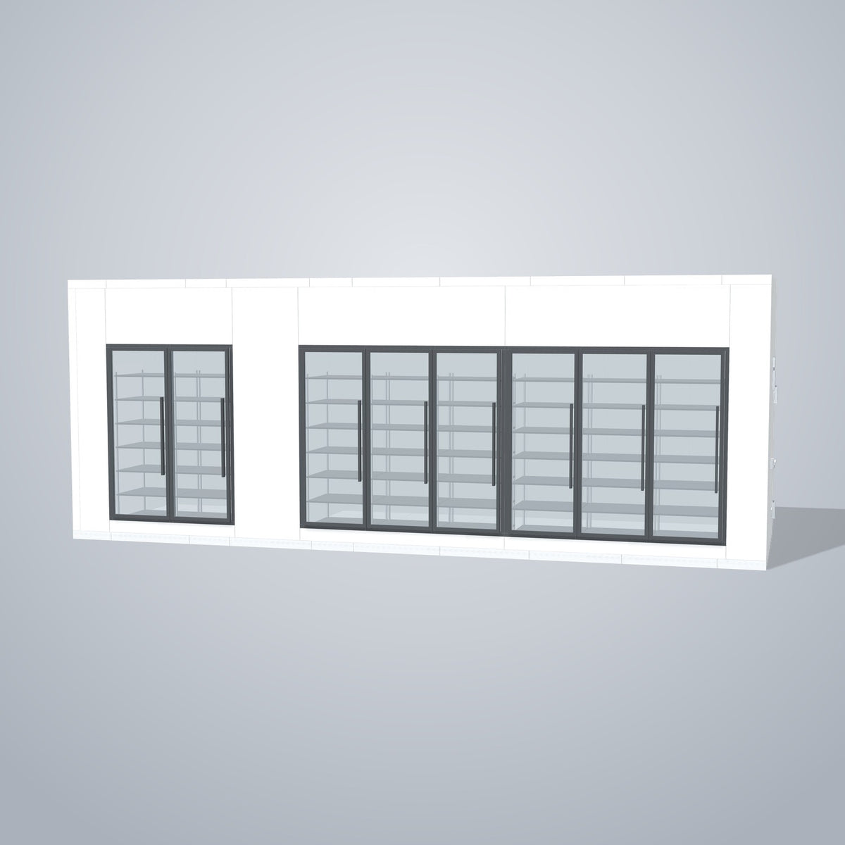 Astra HCMB8X26-8F18C-S30C6F2-RM 8' x 26' Walk-In Freezer/Cooler Combo with Floor, 2 Freezer + 6 Cooler Glass Doors, front 3D view of the glass door wall