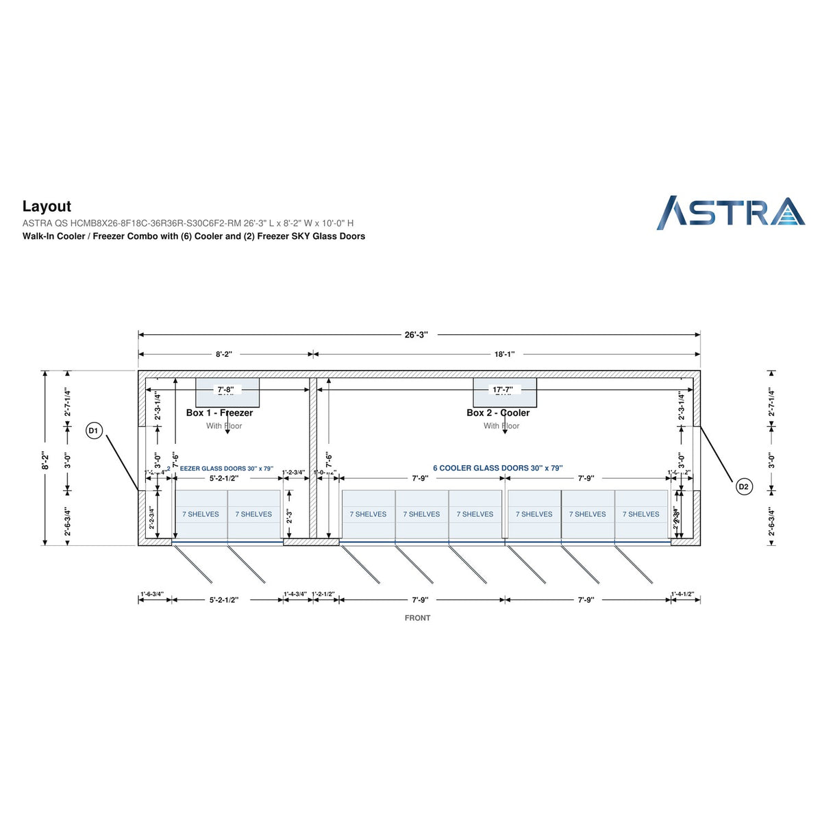 Astra HCMB8X26-8F18C-S30C6F2-RM 8' x 26' Walk-In Freezer/Cooler Combo with Floor, 2 Freezer + 6 Cooler Glass Doors, floor plan layout drawing with glass door shelving