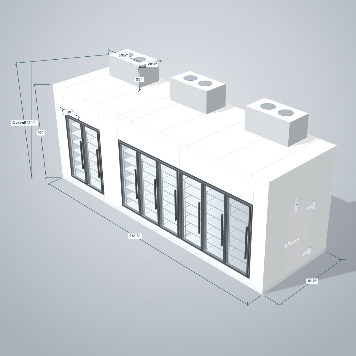Astra HCMB8X26-8F18C-S30C6F2-TM 8' x 26' Walk-In Freezer/Cooler Combo with Floor, 2 Freezer + 6 Cooler Glass Doors, 3D view with outside dimensions