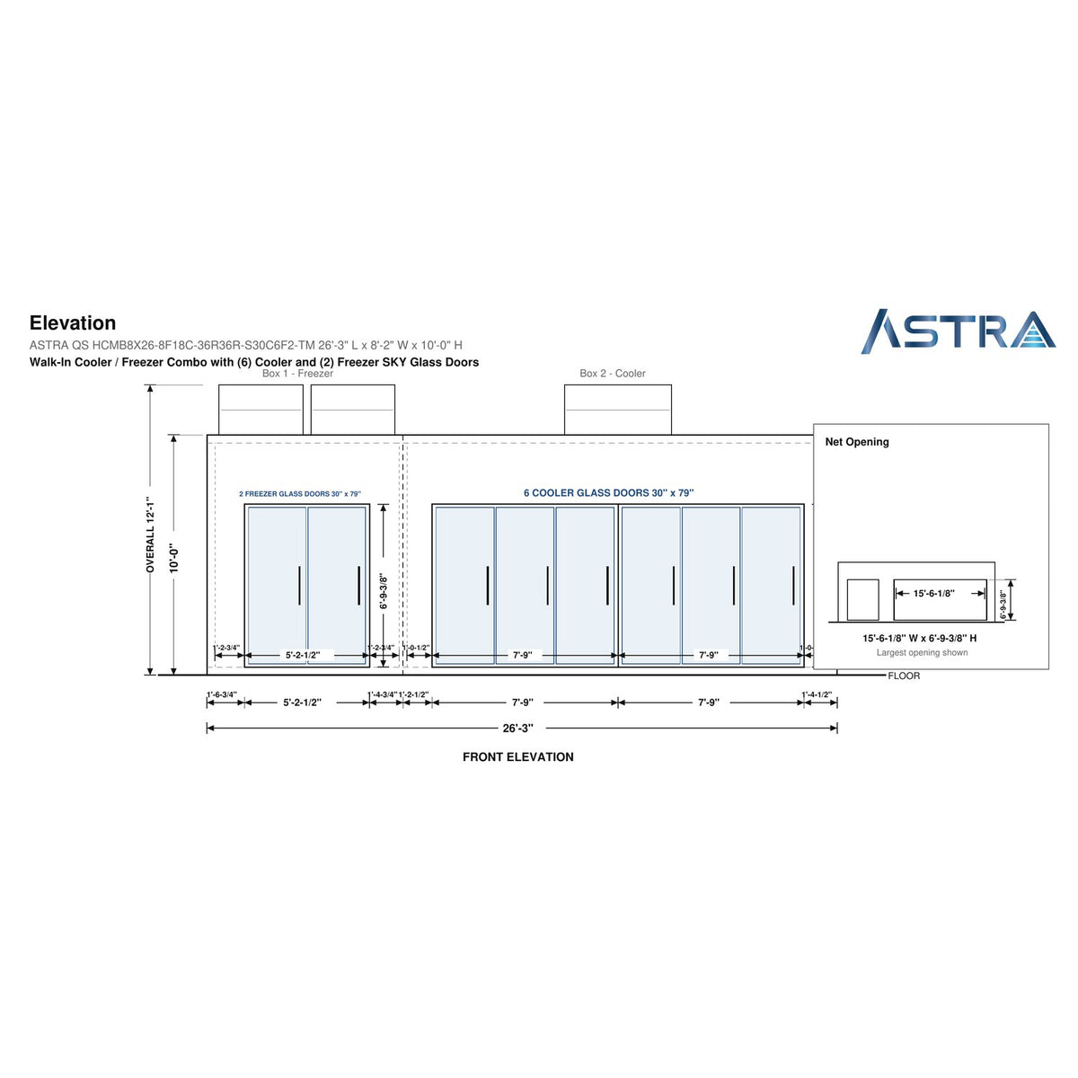 Astra HCMB8X26-8F18C-S30C6F2-TM 8' x 26' Walk-In Freezer/Cooler Combo with Floor, 2 Freezer + 6 Cooler Glass Doors, front elevation drawing with glass door net opening