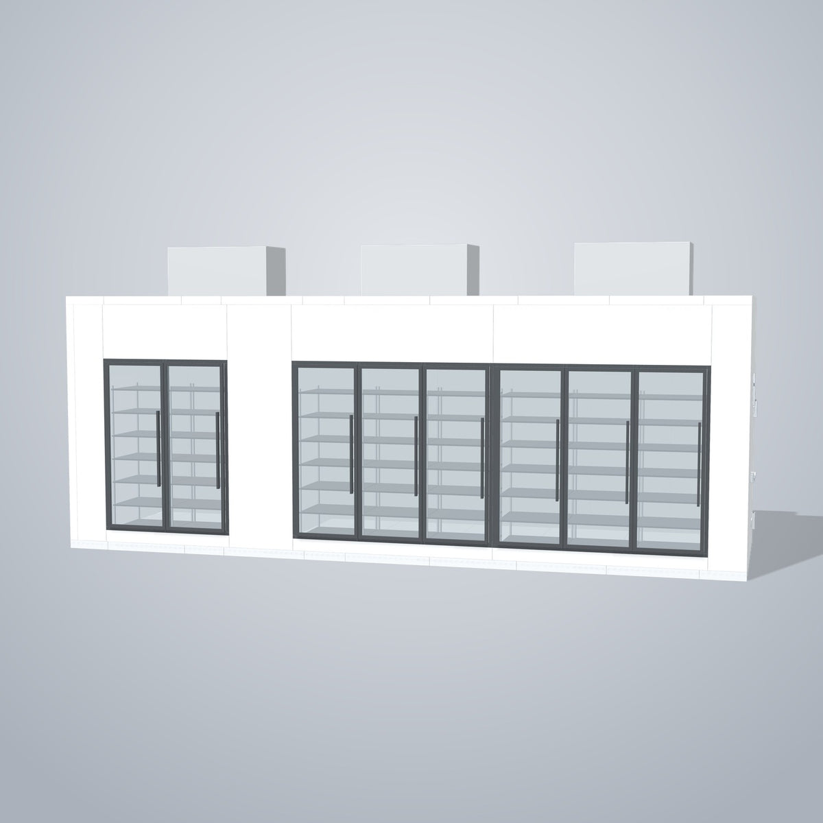 Astra HCMB8X26-8F18C-S30C6F2-TM 8' x 26' Walk-In Freezer/Cooler Combo with Floor, 2 Freezer + 6 Cooler Glass Doors, front 3D view of the glass door wall