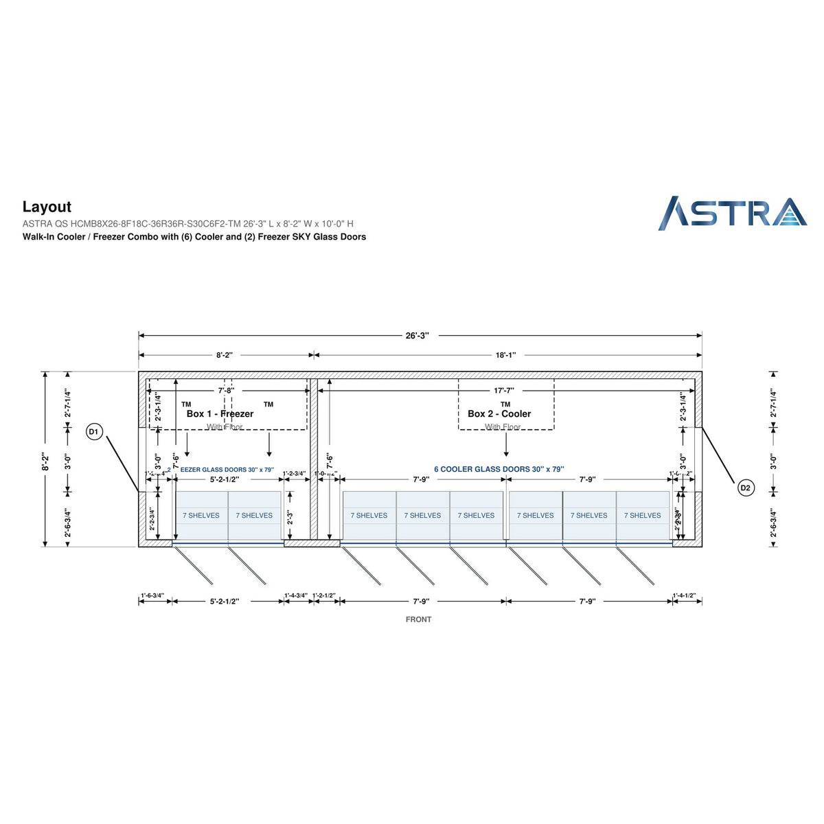 Astra HCMB8X26-8F18C-S30C6F2-TM 8' x 26' Walk-In Freezer/Cooler Combo with Floor, 2 Freezer + 6 Cooler Glass Doors, floor plan layout drawing with glass door shelving