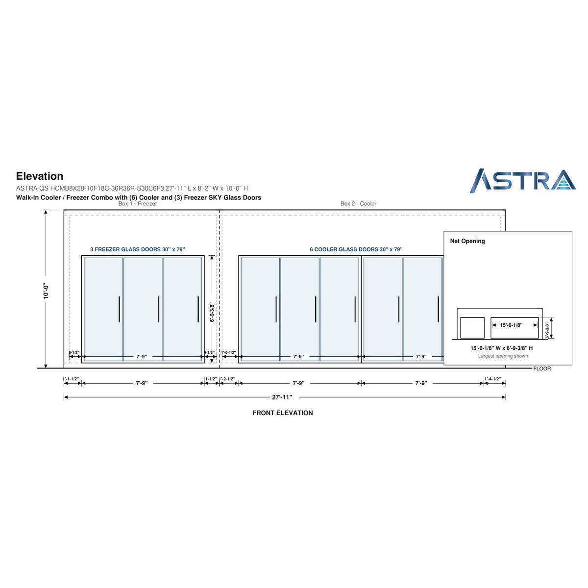 Astra HCMB8X28-10F18C-S30C6F3 8' x 28' Walk-In Freezer/Cooler Combo with Floor, 3 Freezer + 6 Cooler Glass Doors, front elevation drawing with glass door net opening