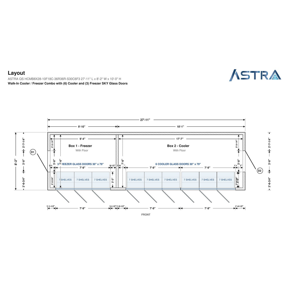Astra HCMB8X28-10F18C-S30C6F3 8' x 28' Walk-In Freezer/Cooler Combo with Floor, 3 Freezer + 6 Cooler Glass Doors, floor plan layout drawing with glass door shelving