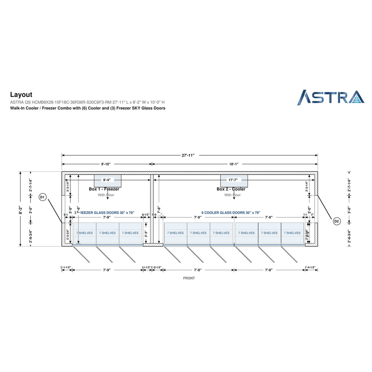 Astra HCMB8X28-10F18C-S30C6F3-RM 8' x 28' Walk-In Freezer/Cooler Combo with Floor, 3 Freezer + 6 Cooler Glass Doors, floor plan layout drawing with glass door shelving