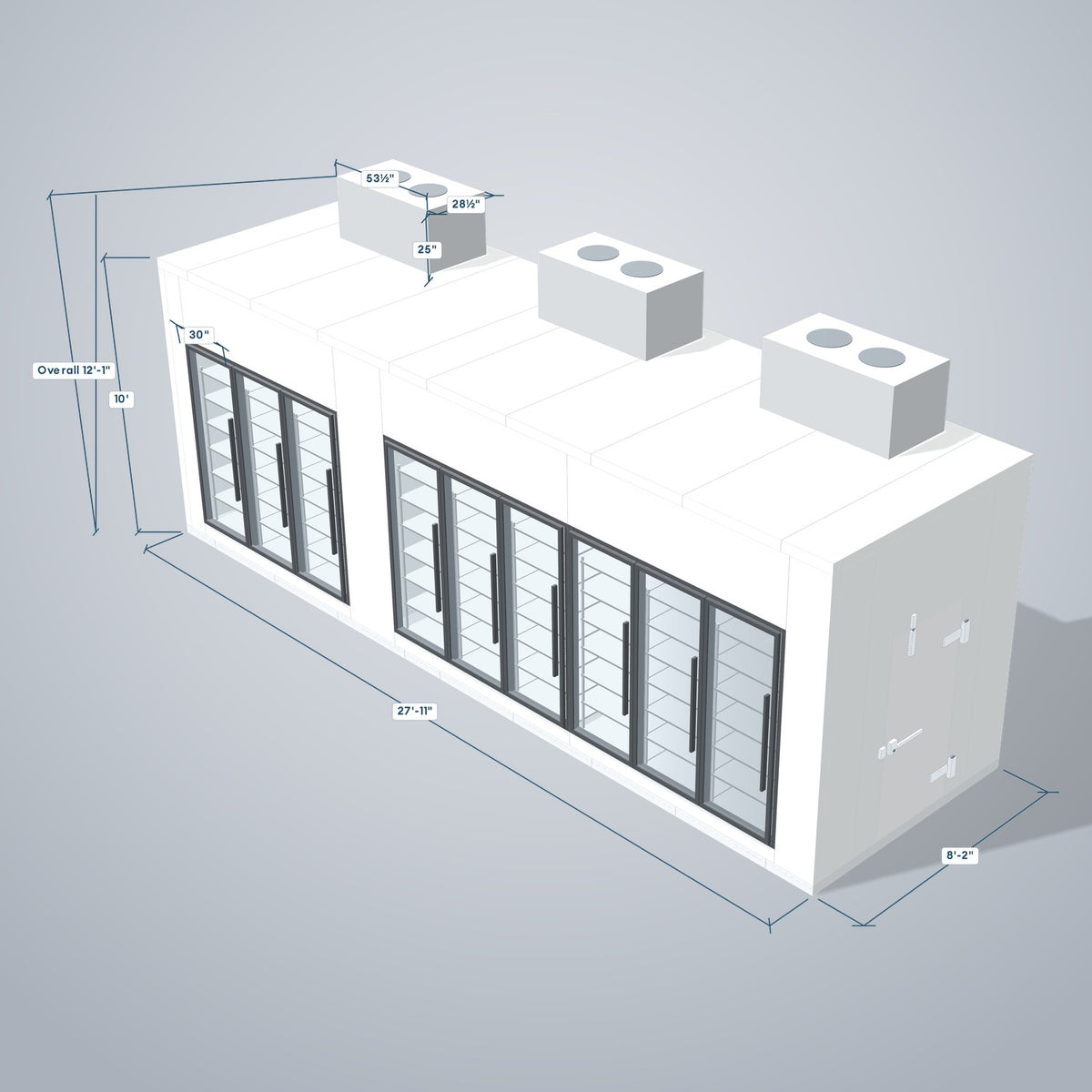 Astra HCMB8X28-10F18C-S30C6F3-TM 8' x 28' Walk-In Freezer/Cooler Combo with Floor, 3 Freezer + 6 Cooler Glass Doors, 3D view with outside dimensions