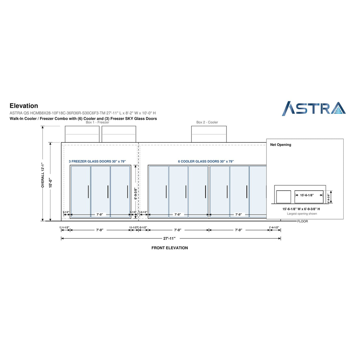 Astra HCMB8X28-10F18C-S30C6F3-TM 8' x 28' Walk-In Freezer/Cooler Combo with Floor, 3 Freezer + 6 Cooler Glass Doors, front elevation drawing with glass door net opening