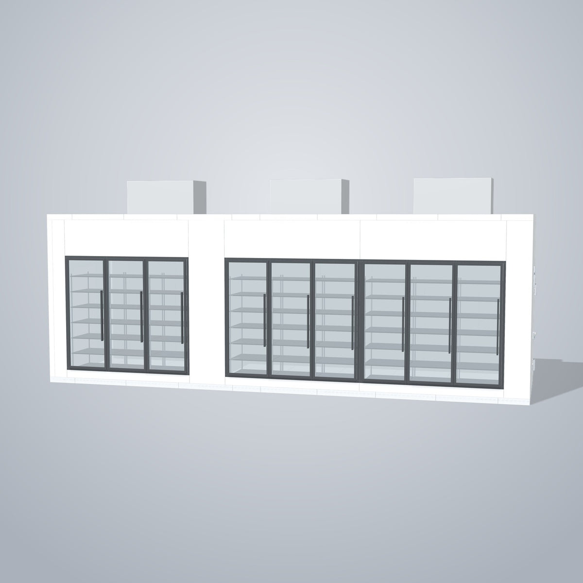 Astra HCMB8X28-10F18C-S30C6F3-TM 8' x 28' Walk-In Freezer/Cooler Combo with Floor, 3 Freezer + 6 Cooler Glass Doors, front 3D view of the glass door wall