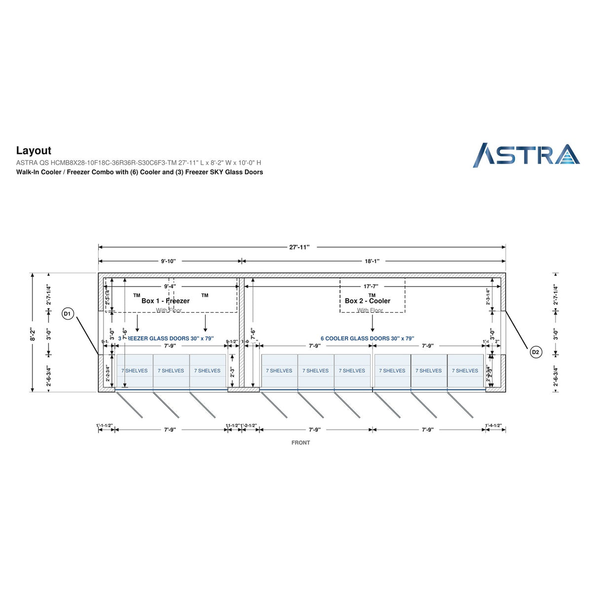 Astra HCMB8X28-10F18C-S30C6F3-TM 8' x 28' Walk-In Freezer/Cooler Combo with Floor, 3 Freezer + 6 Cooler Glass Doors, floor plan layout drawing with glass door shelving