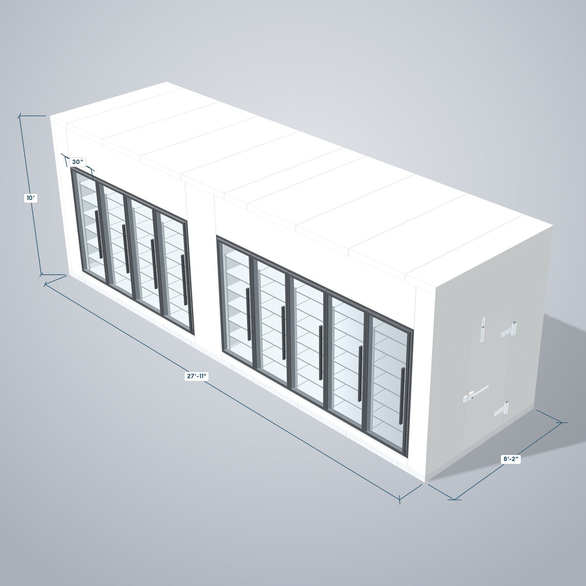 Astra HCMB8X28-13F15C-S30C5F4 8' x 28' Walk-In Freezer/Cooler Combo with Floor, 4 Freezer + 5 Cooler Glass Doors, 3D view with outside dimensions