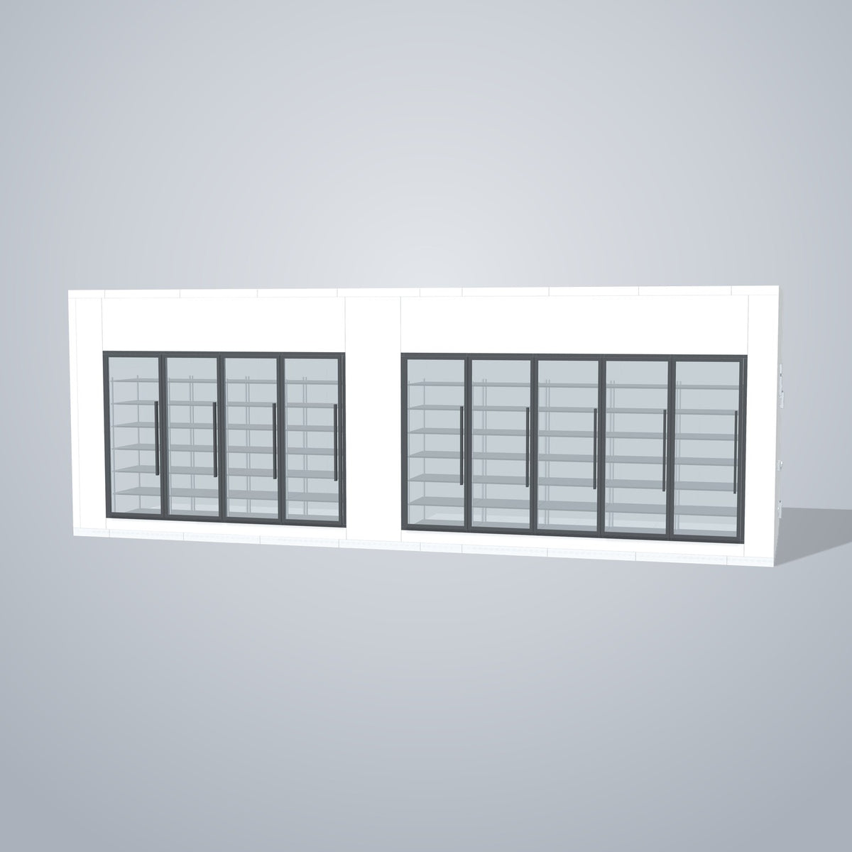 Astra HCMB8X28-13F15C-S30C5F4 8' x 28' Walk-In Freezer/Cooler Combo with Floor, 4 Freezer + 5 Cooler Glass Doors, front 3D view of the glass door wall