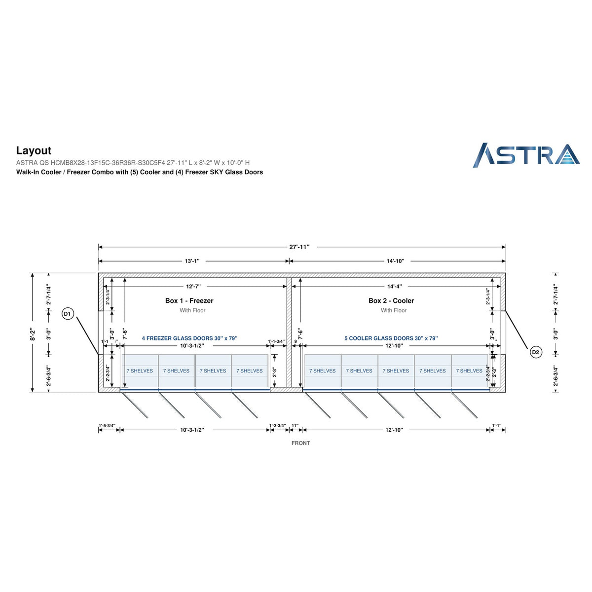 Astra HCMB8X28-13F15C-S30C5F4 8' x 28' Walk-In Freezer/Cooler Combo with Floor, 4 Freezer + 5 Cooler Glass Doors, floor plan layout drawing with glass door shelving