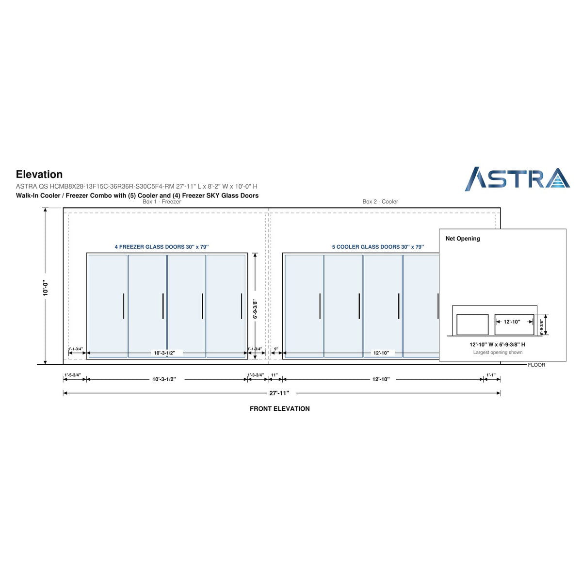 Astra HCMB8X28-13F15C-S30C5F4-RM 8' x 28' Walk-In Freezer/Cooler Combo with Floor, 4 Freezer + 5 Cooler Glass Doors, front elevation drawing with glass door net opening