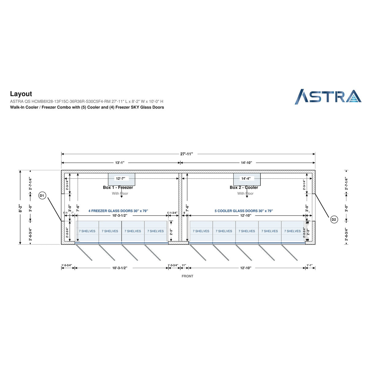 Astra HCMB8X28-13F15C-S30C5F4-RM 8' x 28' Walk-In Freezer/Cooler Combo with Floor, 4 Freezer + 5 Cooler Glass Doors, floor plan layout drawing with glass door shelving
