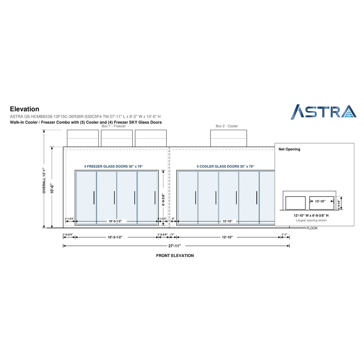 Astra HCMB8X28-13F15C-S30C5F4-TM 8' x 28' Walk-In Freezer/Cooler Combo with Floor, 4 Freezer + 5 Cooler Glass Doors, front elevation drawing with glass door net opening