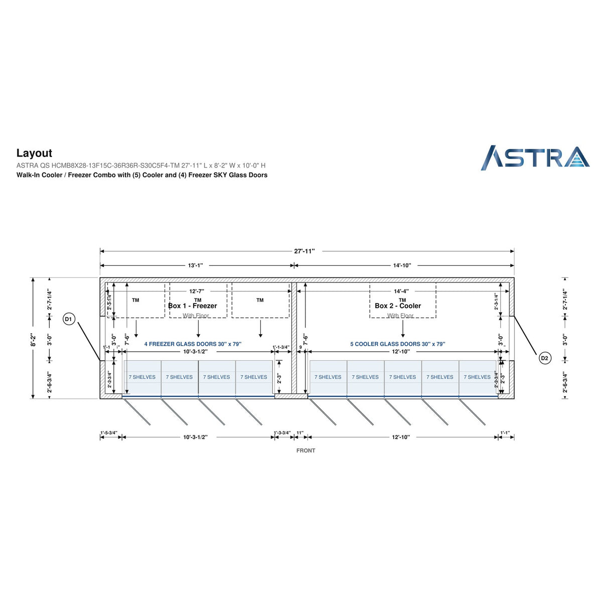 Astra HCMB8X28-13F15C-S30C5F4-TM 8' x 28' Walk-In Freezer/Cooler Combo with Floor, 4 Freezer + 5 Cooler Glass Doors, floor plan layout drawing with glass door shelving