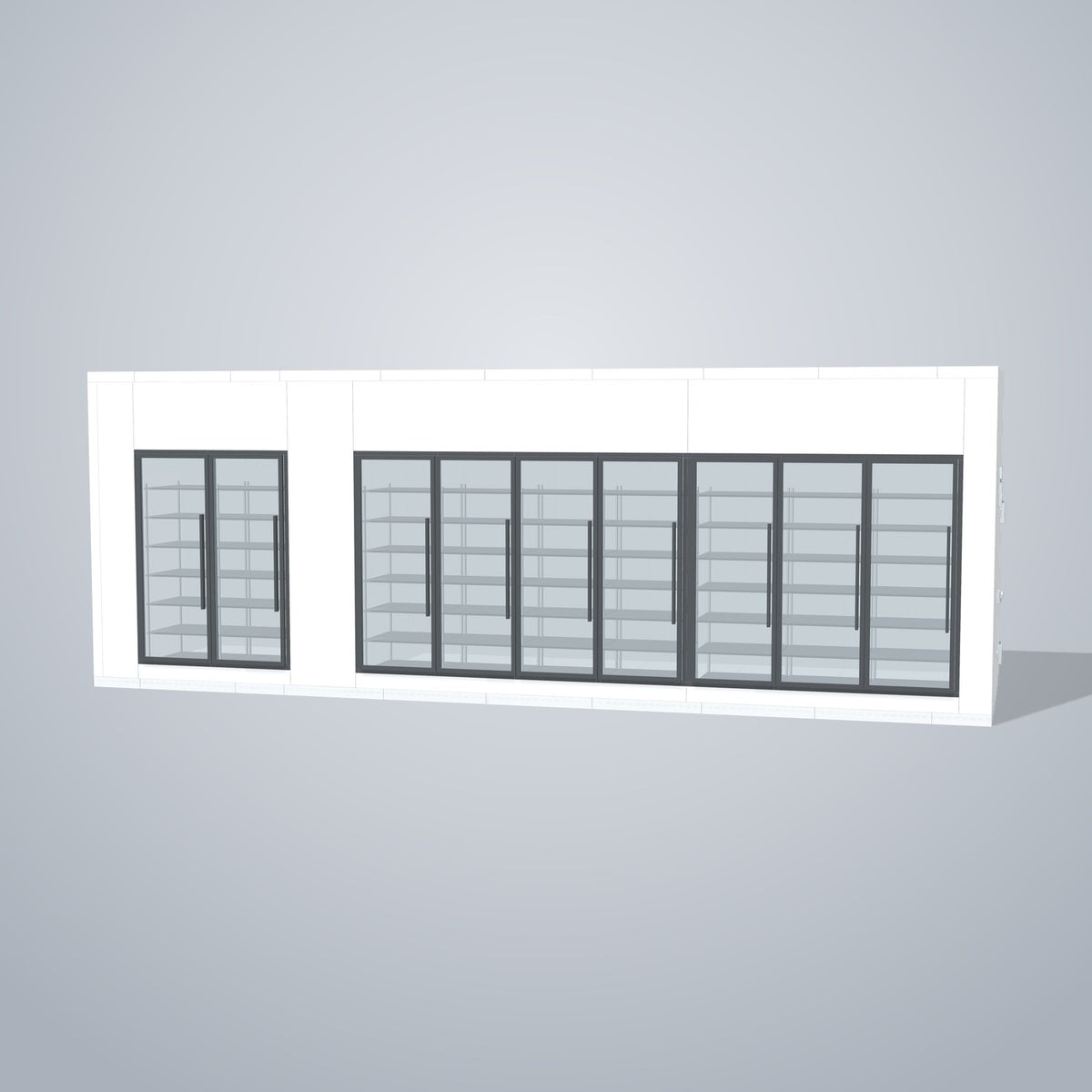 Astra HCMB8X28-8F20C-S30C7F2 8' x 28' Walk-In Freezer/Cooler Combo with Floor, 2 Freezer + 7 Cooler Glass Doors, front 3D view of the glass door wall