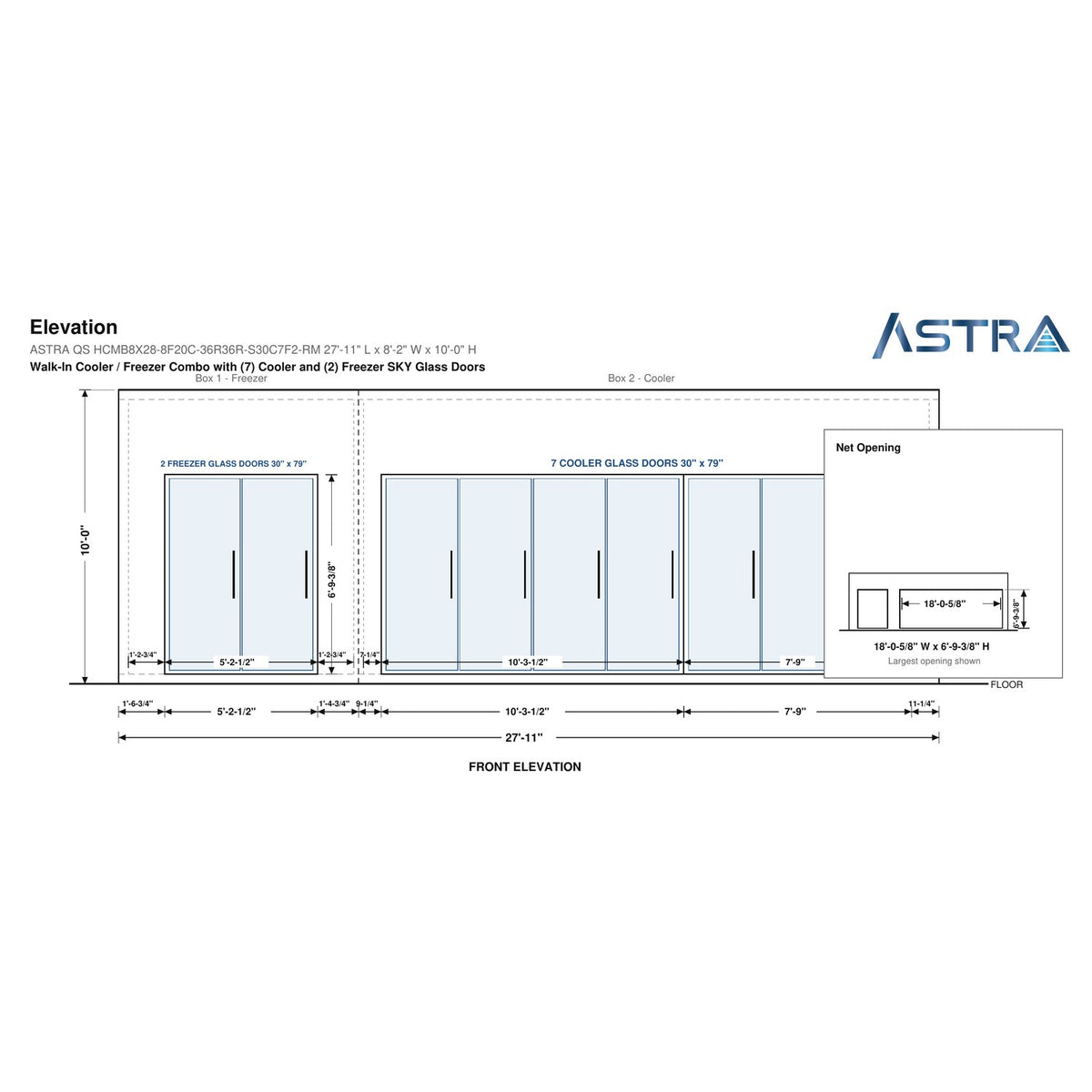 Astra HCMB8X28-8F20C-S30C7F2-RM 8' x 28' Walk-In Freezer/Cooler Combo with Floor, 2 Freezer + 7 Cooler Glass Doors, front elevation drawing with glass door net opening