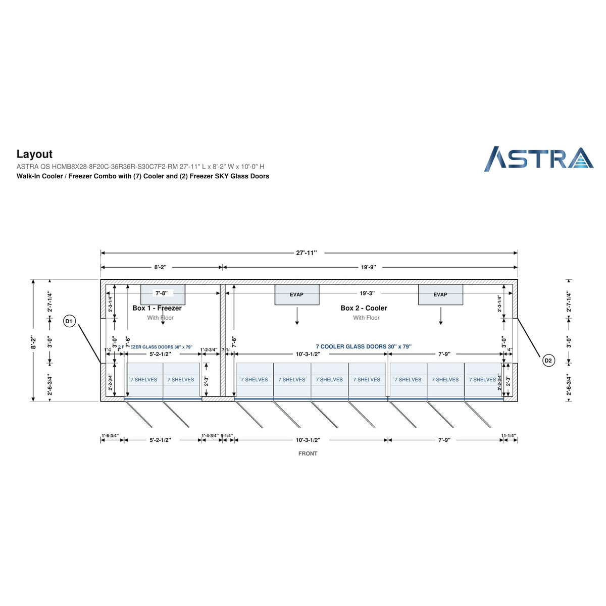 Astra HCMB8X28-8F20C-S30C7F2-RM 8' x 28' Walk-In Freezer/Cooler Combo with Floor, 2 Freezer + 7 Cooler Glass Doors, floor plan layout drawing with glass door shelving