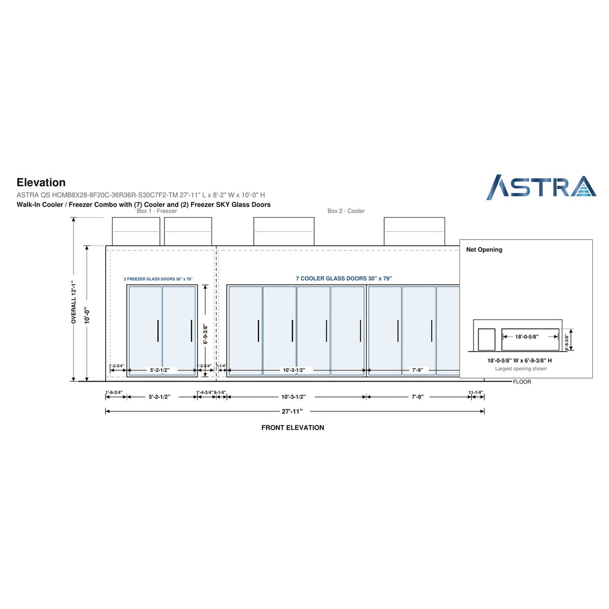 Astra HCMB8X28-8F20C-S30C7F2-TM 8' x 28' Walk-In Freezer/Cooler Combo with Floor, 2 Freezer + 7 Cooler Glass Doors, front elevation drawing with glass door net opening