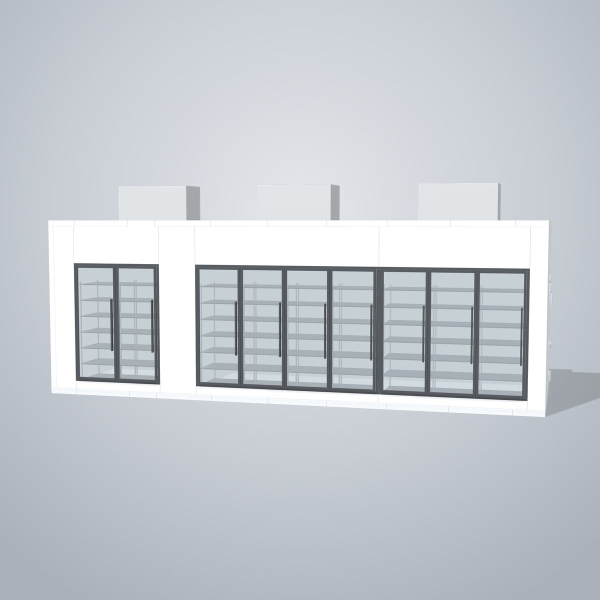 Astra HCMB8X28-8F20C-S30C7F2-TM 8' x 28' Walk-In Freezer/Cooler Combo with Floor, 2 Freezer + 7 Cooler Glass Doors, front 3D view of the glass door wall