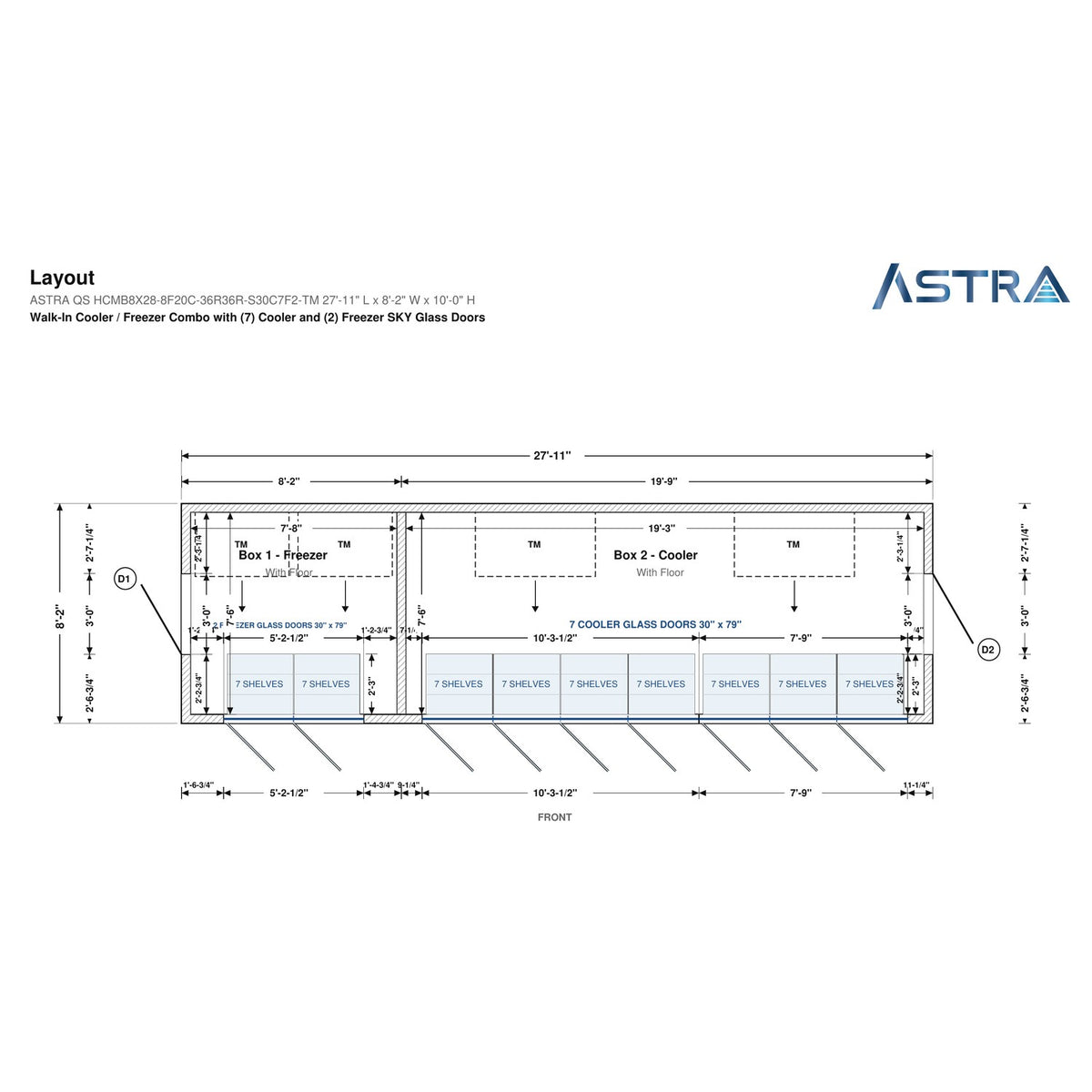 Astra HCMB8X28-8F20C-S30C7F2-TM 8' x 28' Walk-In Freezer/Cooler Combo with Floor, 2 Freezer + 7 Cooler Glass Doors, floor plan layout drawing with glass door shelving