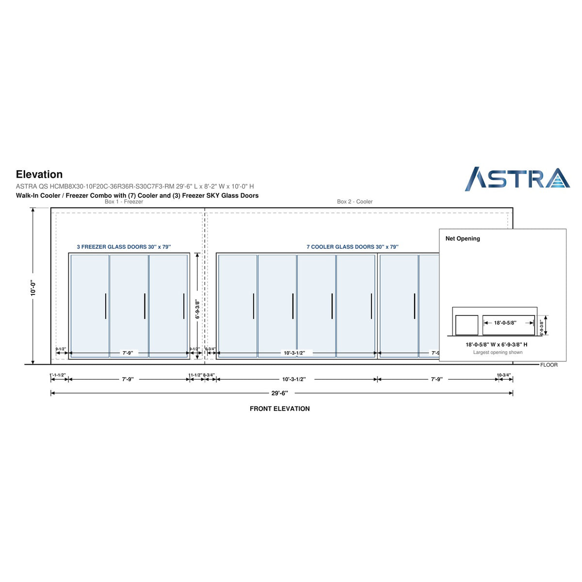 Astra HCMB8X30-10F20C-S30C7F3-RM 8' x 30' Walk-In Freezer/Cooler Combo with Floor, 3 Freezer + 7 Cooler Glass Doors, front elevation drawing with glass door net opening