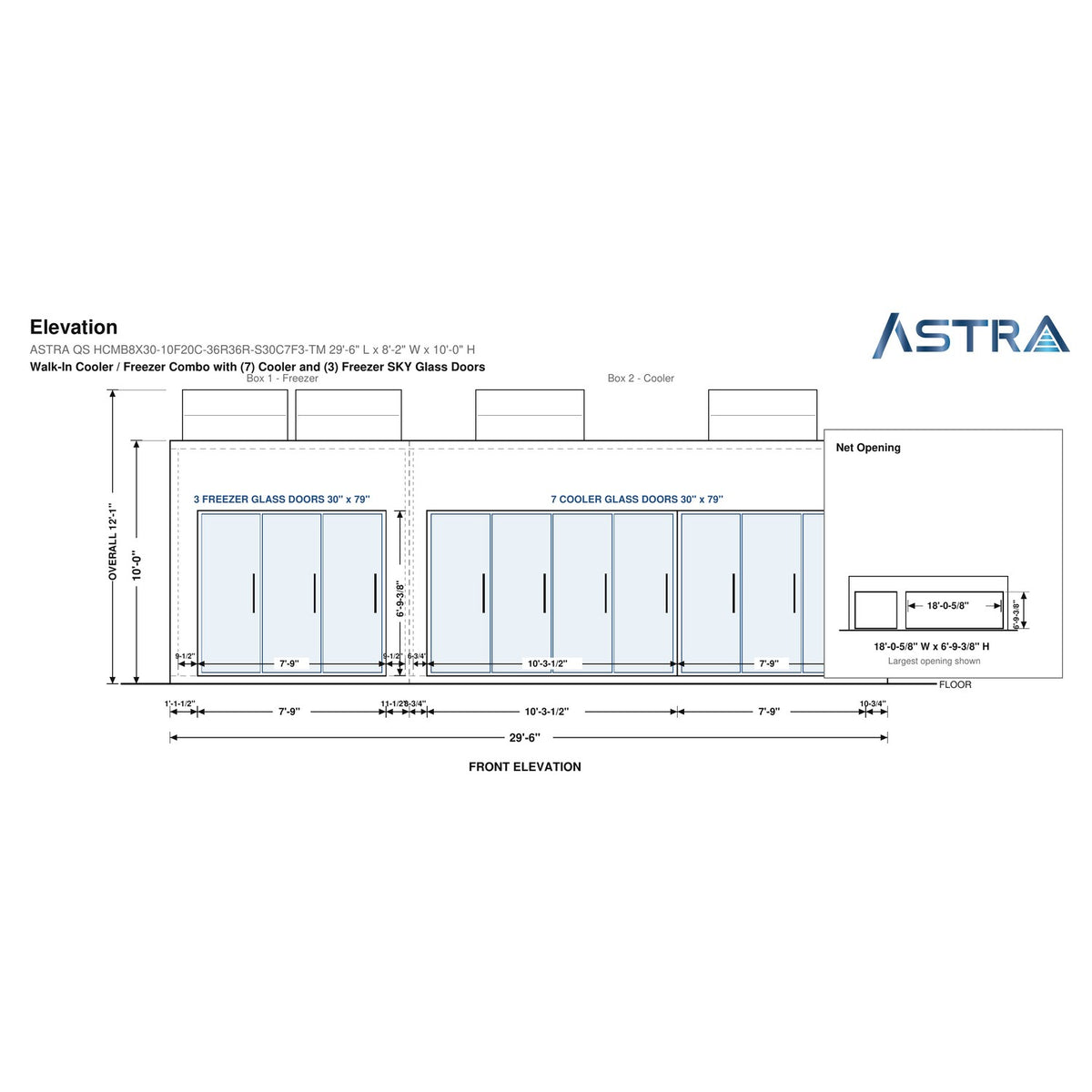 Astra HCMB8X30-10F20C-S30C7F3-TM 8' x 30' Walk-In Freezer/Cooler Combo with Floor, 3 Freezer + 7 Cooler Glass Doors, front elevation drawing with glass door net opening