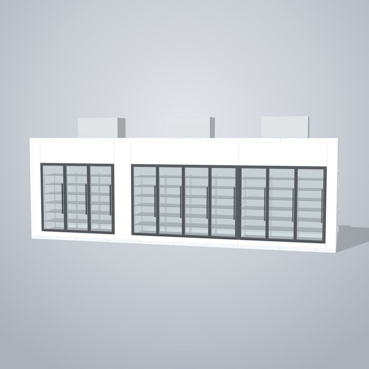 Astra HCMB8X30-10F20C-S30C7F3-TM 8' x 30' Walk-In Freezer/Cooler Combo with Floor, 3 Freezer + 7 Cooler Glass Doors, front 3D view of the glass door wall