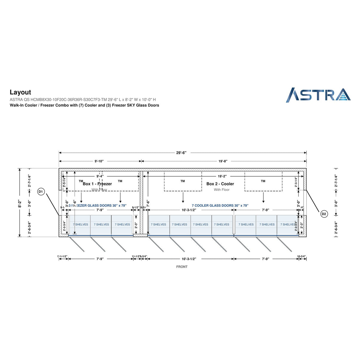 Astra HCMB8X30-10F20C-S30C7F3-TM 8' x 30' Walk-In Freezer/Cooler Combo with Floor, 3 Freezer + 7 Cooler Glass Doors, floor plan layout drawing with glass door shelving