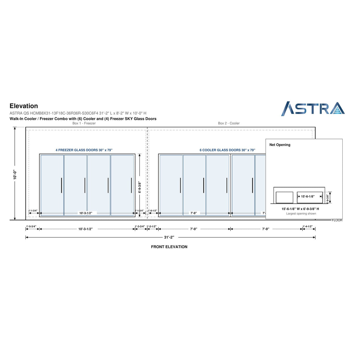 Astra HCMB8X31-13F18C-S30C6F4 8' x 31' Walk-In Freezer/Cooler Combo with Floor, 4 Freezer + 6 Cooler Glass Doors, front elevation drawing with glass door net opening
