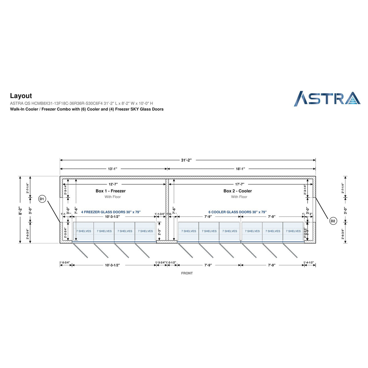 Astra HCMB8X31-13F18C-S30C6F4 8' x 31' Walk-In Freezer/Cooler Combo with Floor, 4 Freezer + 6 Cooler Glass Doors, floor plan layout drawing with glass door shelving